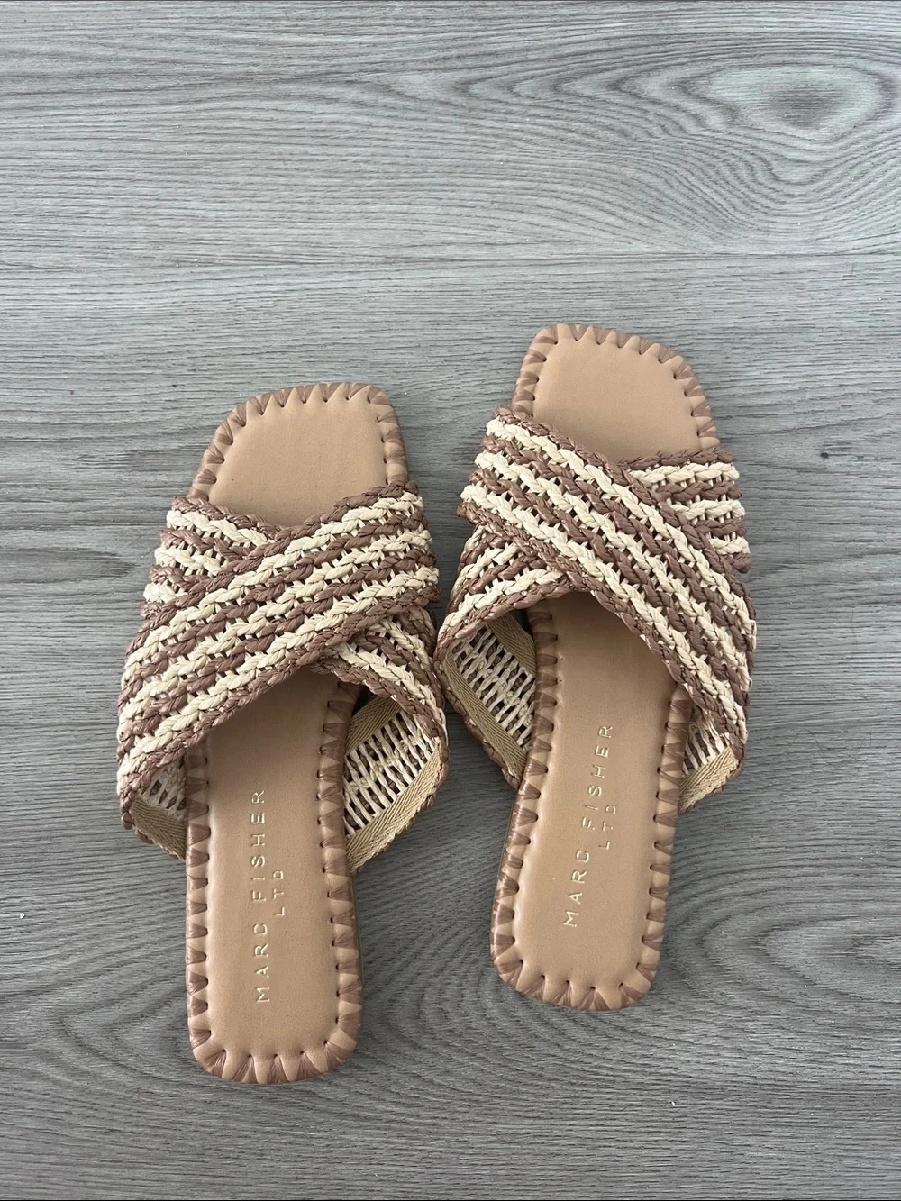 Marc Fisher Braided Crossband Slide Sandals in Tan and Cream